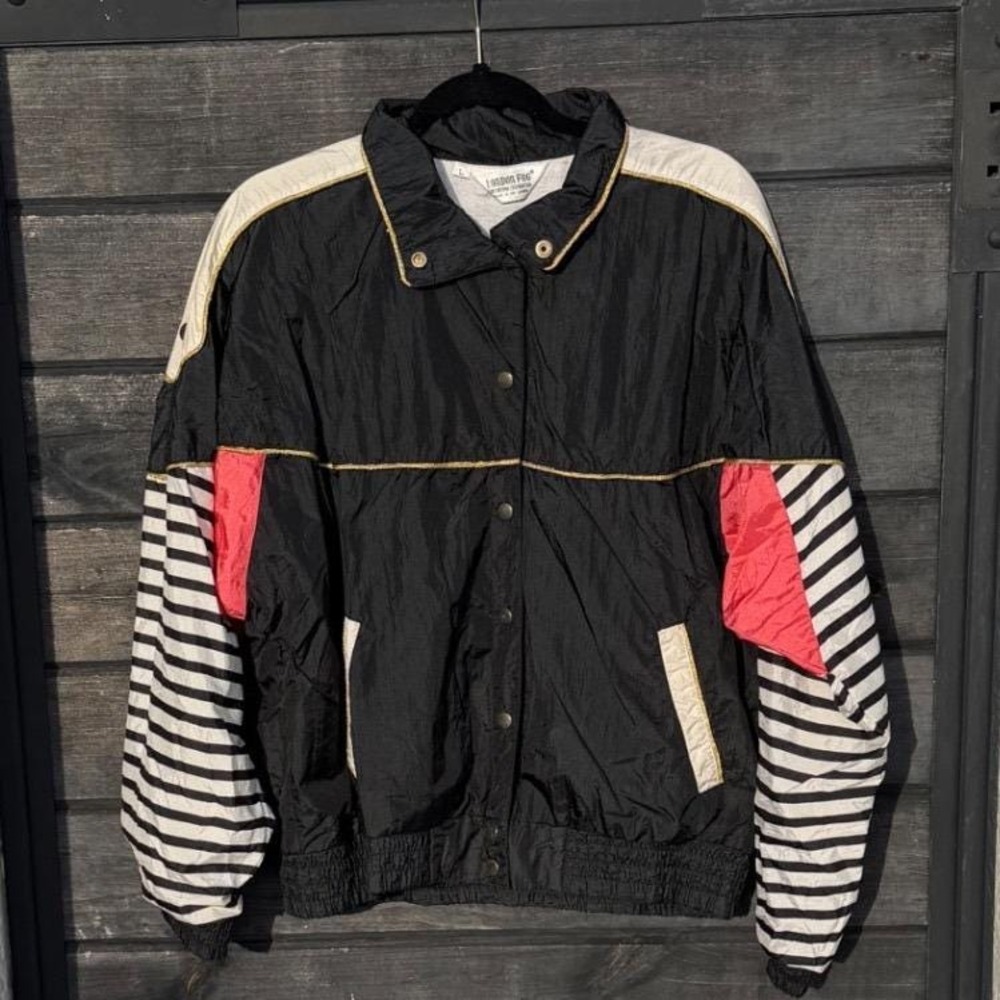 London Fog Vintage Womens Windbreaker Jacket Black Striped Colorblock Large 80s